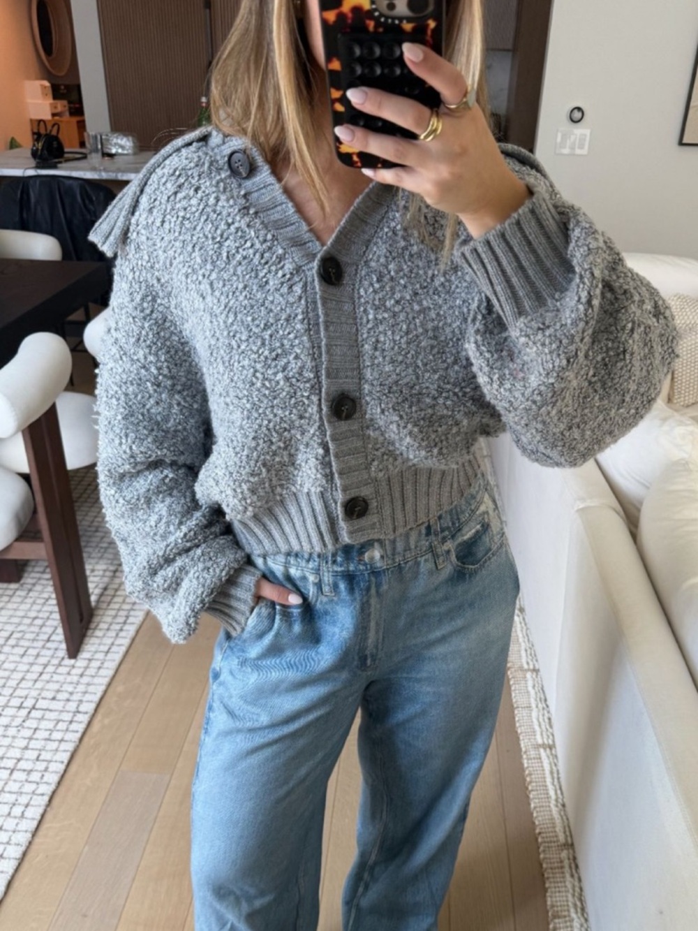 L'Academie Light Grey Bouclé Button-Front Teddy Jacket